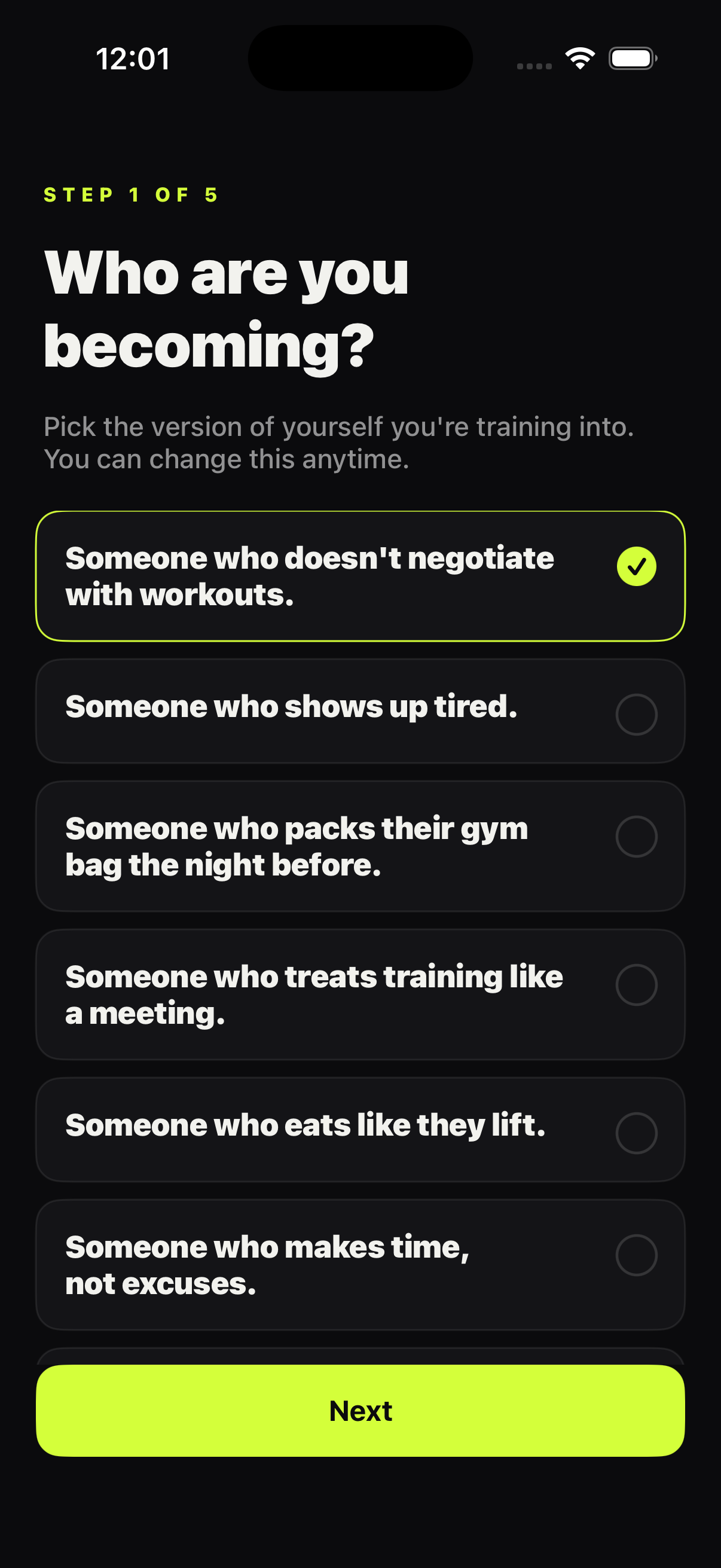 FOOM onboarding asks who you are becoming and offers training identity prompts.
