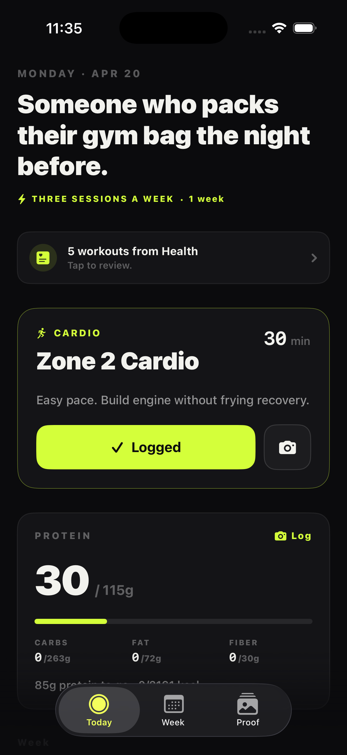 FOOM Today shows a logged cardio session, Apple Health workouts, and nutrition progress.
