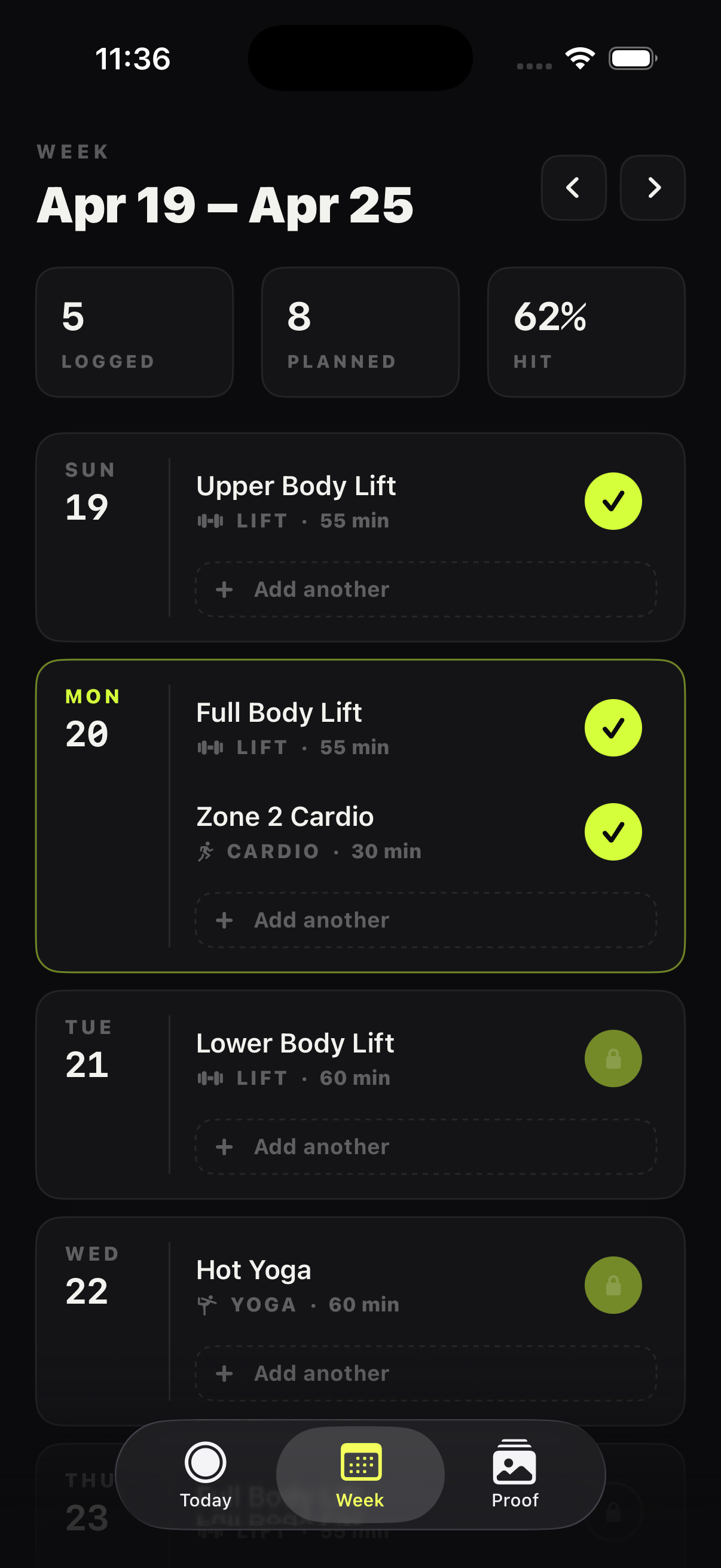 FOOM Week compares planned and logged sessions across the week.