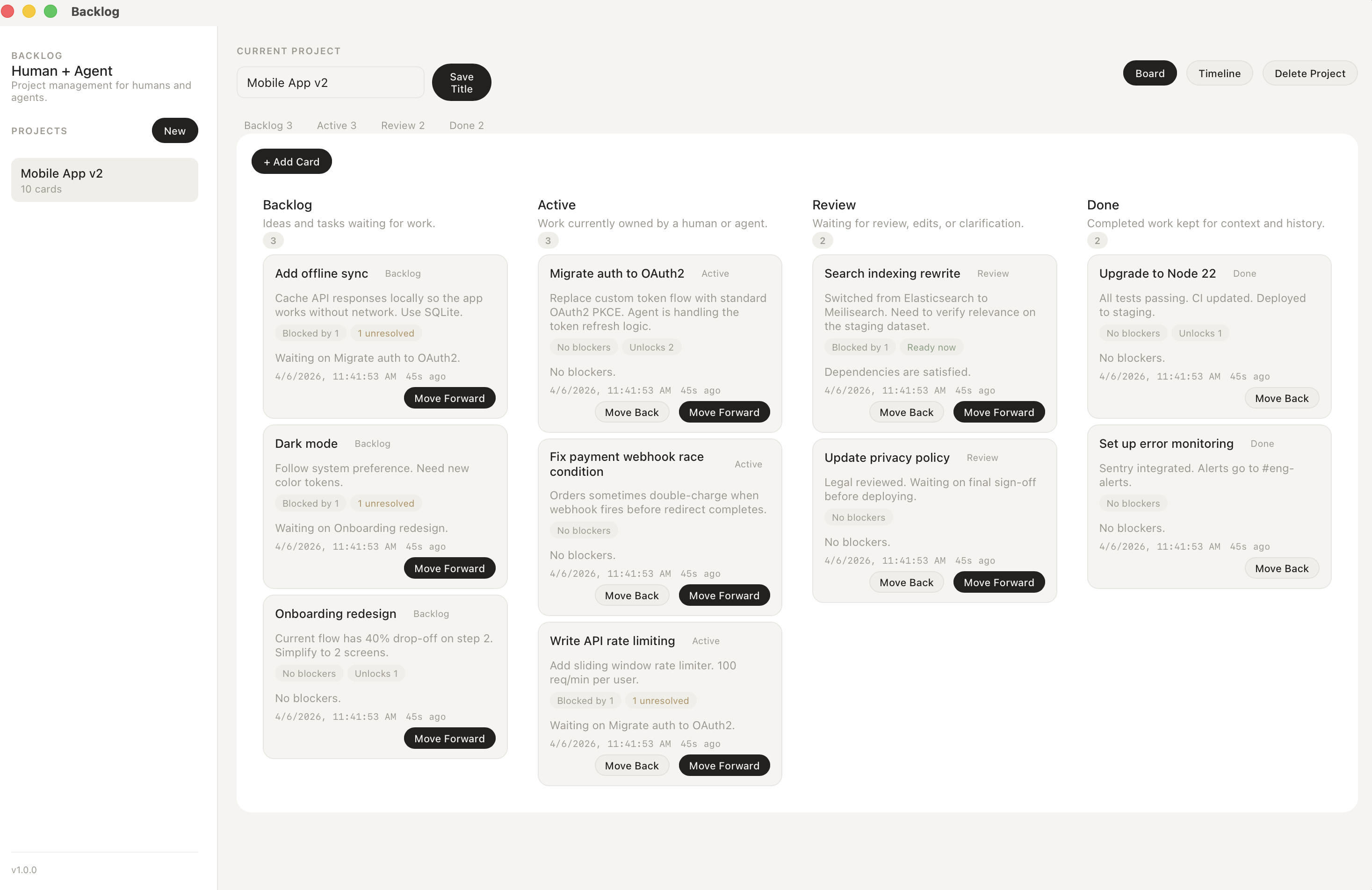 Backlog’s shared project board, with tasks in Backlog, Active, Review, and Done and visible dependencies.