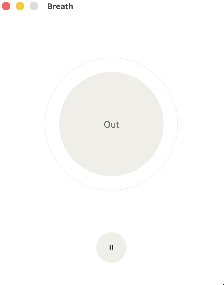 Breath’s expanding circle with an Out prompt and a pause control.