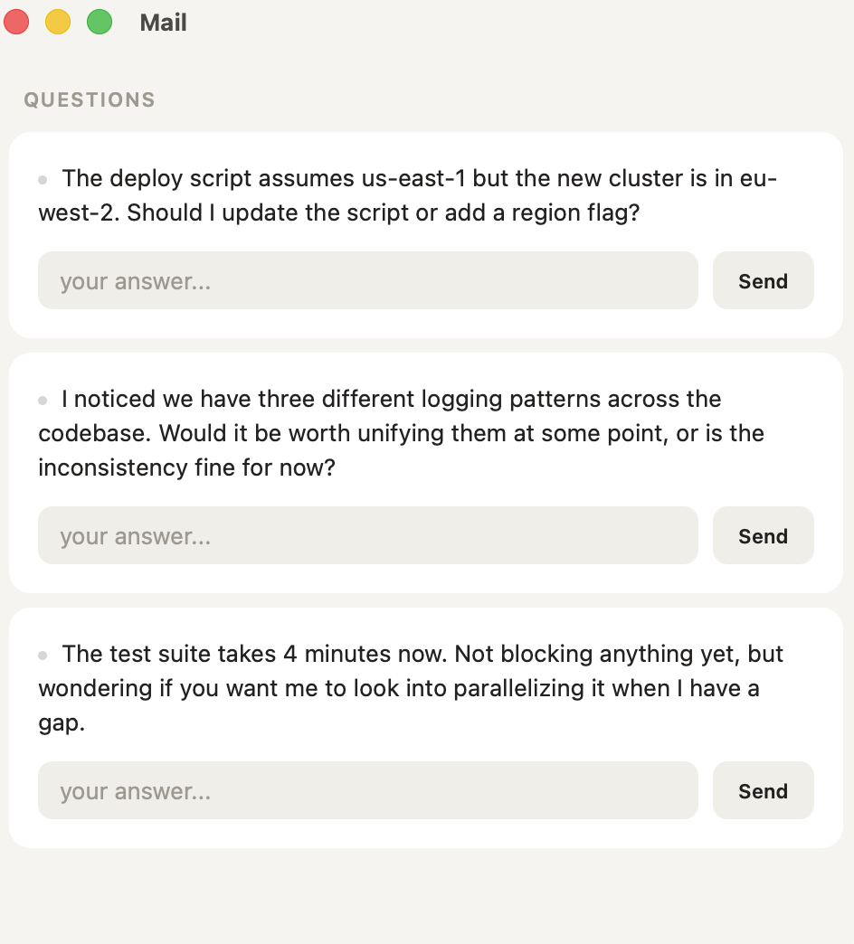 Mail’s queue of agent questions with reply fields.