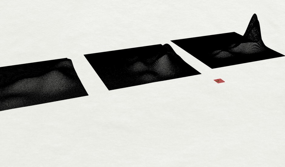Three behavioral landscapes rendered as black wireframe surfaces