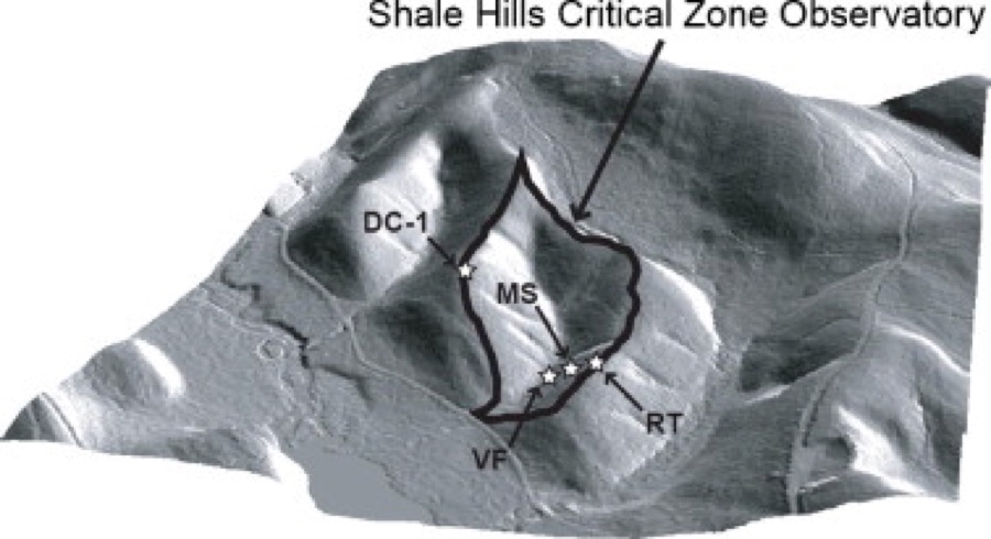 Terrain map of the Shale Hills Critical Zone Observatory showing monitoring locations.